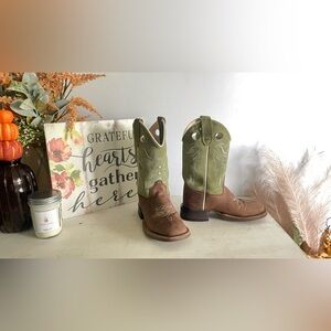 OLD WEST CHILDREN'S WOOD & GREEN SQUARE TOE COWBOY BOOTS